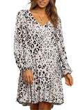 V Neck Long Sleeve Leopard Print Swing Mini Dress