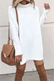 High Neck Long Sleeve Casual Plain Sweater Mini Dress White
