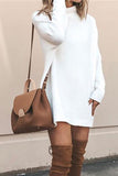 High Neck Long Sleeve Casual Plain Sweater Mini Dress White
