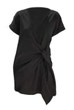 Solid Faux Wrap Neck Tie Side Mini Dress Black