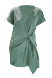 Casual Wrap Neck Tie Side Plain Mini Dress Green