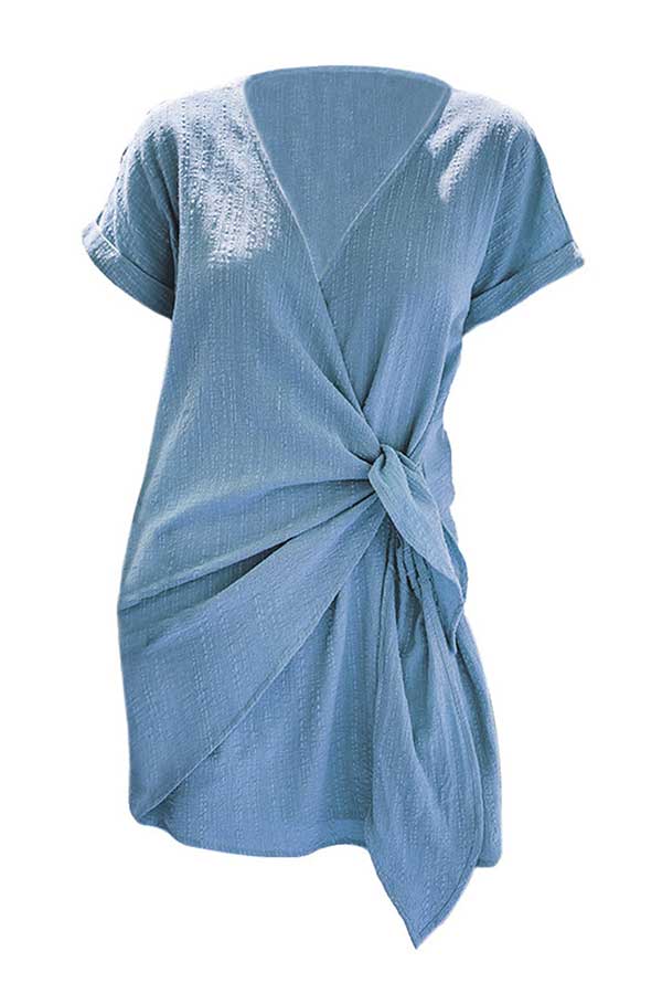 Wrap Neck Short Sleeve Plain Mini Dress Light Blue