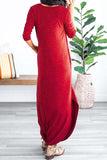 Casual Long Sleeve Solid Maxi Dress With Pocket Red
