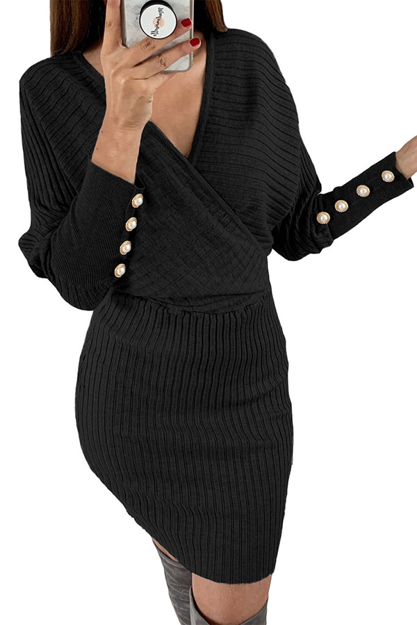 Long Sleeve Wrap Neck Ribbed Sweater Dress Black