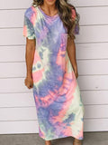 Casual Crew Neck Short Sleeve Tie Dye Slit Side Maxi Dress With Pocket