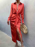 Long Sleeve Button Up Tie Knot Shirt Dress with Slit