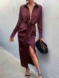Long Sleeve Button Up Tie Knot Shirt Dress with Slit