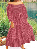 Women's Plaid Print Off Shoulder Cottagecore Midi Dress