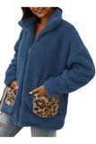 Leopard Pocket Teddy Jacket With Zipper Blue