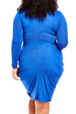 Womens Sexy Deep V Neck Ruched Long Sleeve Plus Size Dress Blue