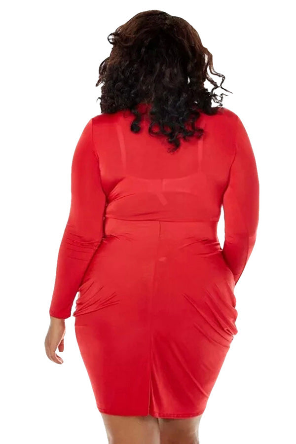 Womens Sexy Deep V Neck Ruched Long Sleeve Plus Size Dress Red