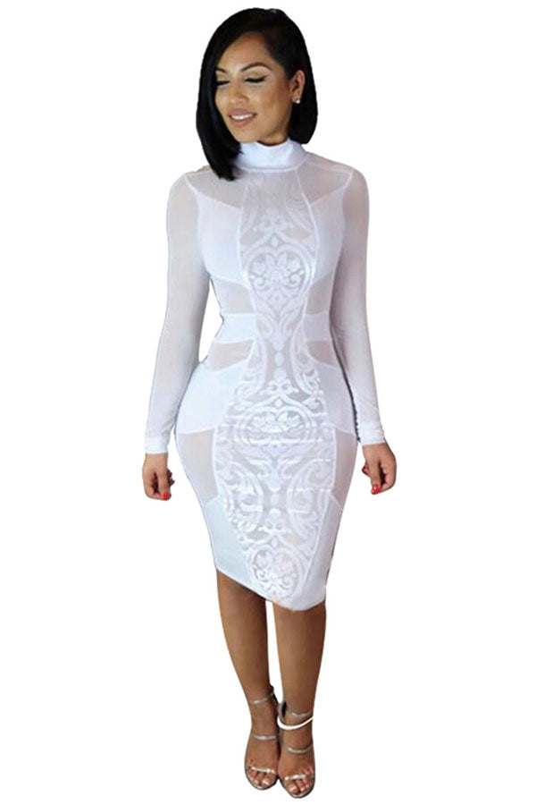 Womens Sexy Sheer Stand Neck Long Sleeve Bodycon Dress White