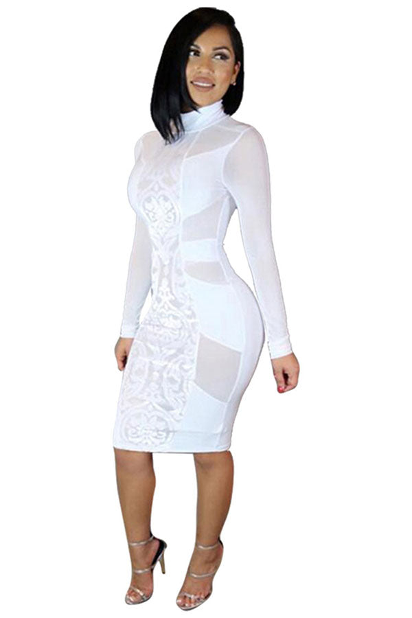 Womens Sexy Sheer Stand Neck Long Sleeve Bodycon Dress White