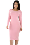 Womens Plain Long Sleeve Midi Bodycon Dress Pink