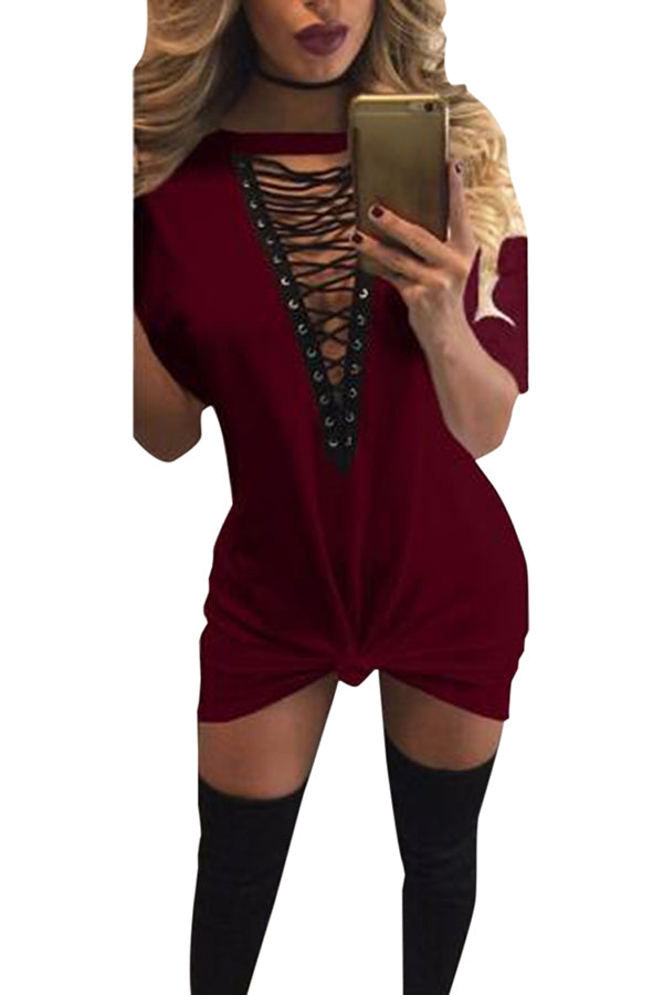 Womens Lace-up V Neck Short Sleeve T Shirt Clubwear Dress Ruby