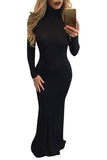 Womens High Neck Long Sleeve Plain Bodycon Maxi Dress Black