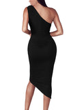 One Shoulder Asymmetric Hem Bodycon Midi Dress Black