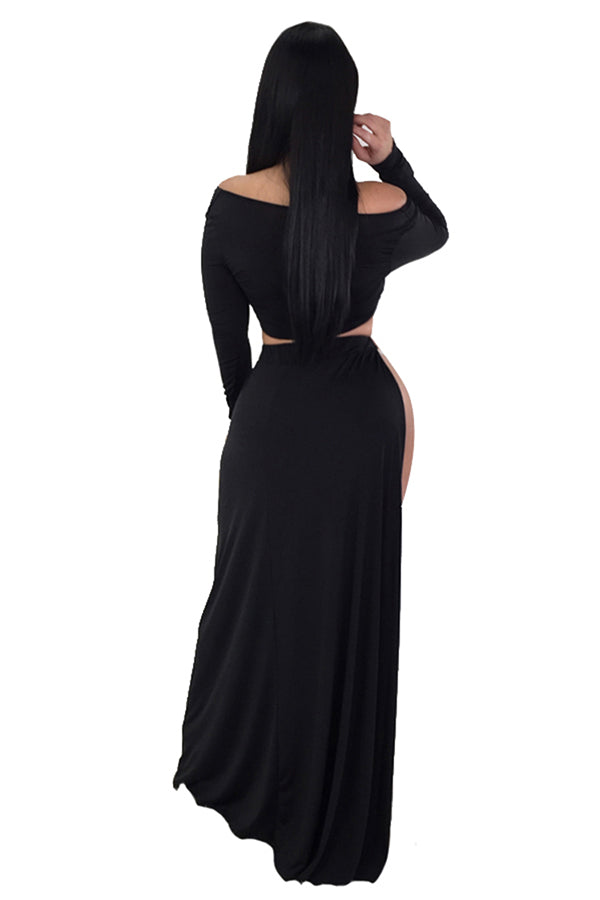 Off Shoulder Long Sleeve Crop Top High Waist Split Club Dress Black