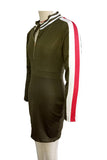 Long Sleeve Zipper Crew Neck Color Block Bodycon Club Dress Olive Green