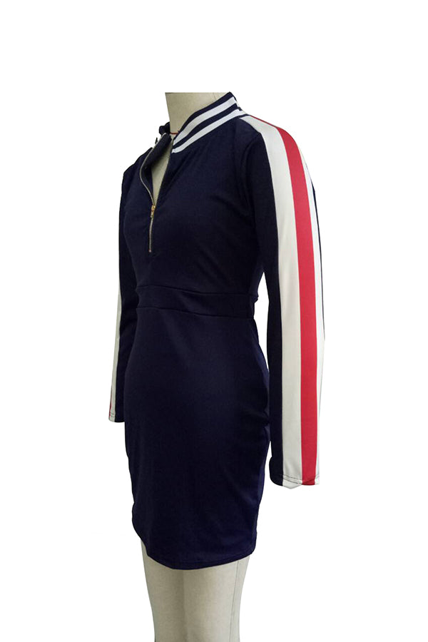 Long Sleeve Zipper Crew Neck Color Block Bodycon Club Dress Navy Blue