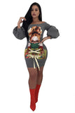 Off Shoulder Puff Sleeve Lace Up Print Bodycon Clubwear Dress Gray