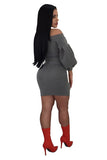 Off Shoulder Puff Sleeve Lace Up Print Bodycon Clubwear Dress Gray