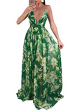 Deep V Neck Halter Backless Floral Print Maxi Slip Club Dress Green