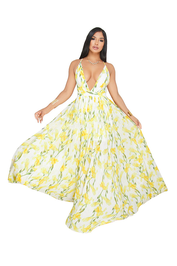 Deep V Neck Halter Backless Floral Print Maxi Slip Club Dress Yellow