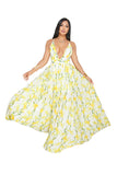 Deep V Neck Halter Backless Floral Print Maxi Slip Club Dress Yellow