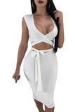 Sexy V Neck Sleeveless Cut Out Tie Front Plain Midi Club Dress White