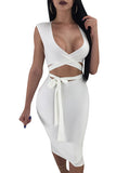 Sexy V Neck Sleeveless Cut Out Tie Front Plain Midi Club Dress White