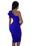 One Shoulder Sleeveless Ruffle Plain Bodycon Clubwear Dress Blue