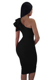 One Shoulder Sleeveless Ruffle Plain Bodycon Clubwear Dress Black