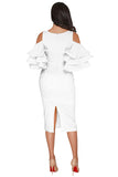 V Neck Cold Shoulder Ruffle Plain Bodycon Midi Clubwear Dress White
