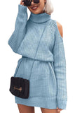 Turtleneck Long Sleeve Cold Shoulder Plain Mini Sweater Dress Blue