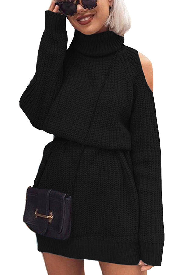 Turtleneck Long Sleeve Cold Shoulder Plain Mini Sweater Dress Black