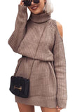 Turtleneck Long Sleeve Cold Shoulder Plain Mini Sweater Dress Khaki