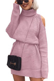 Turtleneck Long Sleeve Cold Shoulder Plain Mini Sweater Dress Pink