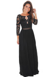 Womens Elegant Crochet Quarter Sleeve Lace Maxi Evening Dress Black