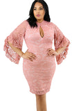 Plus Size Bell Sleeve Keyhole Lace Bodycon Midi Evening Dress Pink