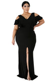 Plus Size V Neck Cut Out Split Plain Maxi Evening Dress Black