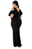 Plus Size V Neck Cut Out Split Plain Maxi Evening Dress Black