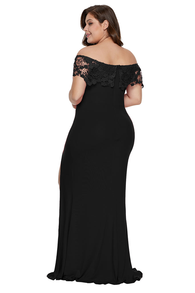 Plus Size Off Shoulder Split Floral Lace Maxi Evening Dress Black