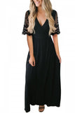 Floral Lace Half Sleeve V Neck Party Maxi Dress Black