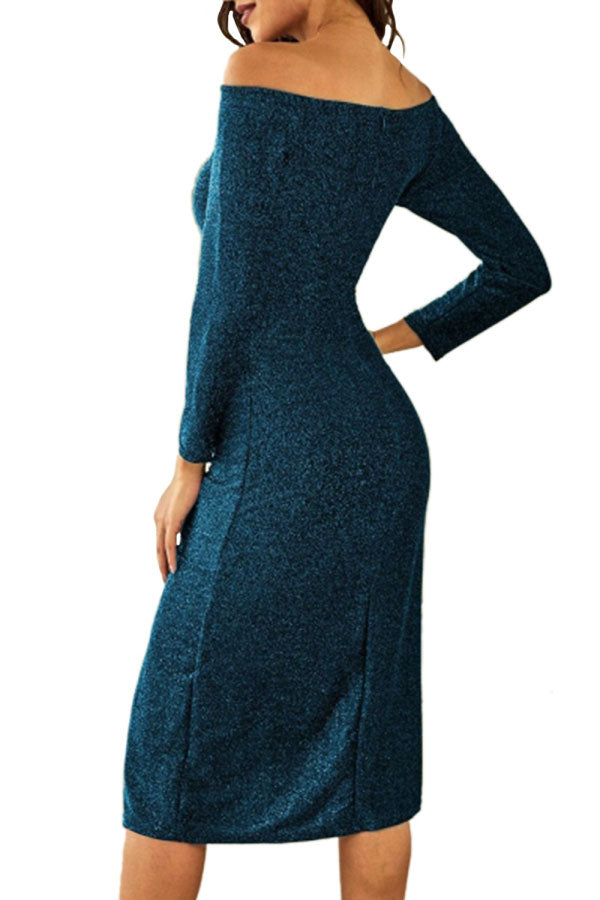 High Split Off Shoulder Long Sleeve Maxi Dress Blue
