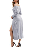 Off Shoulder Long Sleeve High Split Maxi Evening Dress Grey