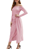 Long Sleeve Off Shoulder High Split Maxi Gown Pink