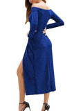 Long Sleeve Off Shoulder High Split Evening Dress Navy Blue