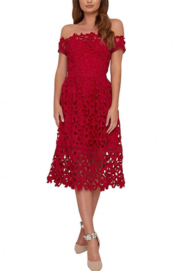 Women's Off The Shoulder Crochet Evening Dress Berry Red