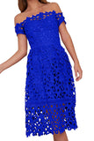 Short Sleeve Crochet Off Shoulder Evening Gown Navy Blue